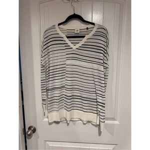 CAbi Cream and Black Striped V-Neck Sweater